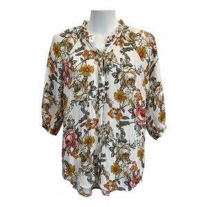 Bobeau Floral Boho Peasant Blouse Cream Rayon Tie Neck 3/4 Sleeve Women’s L